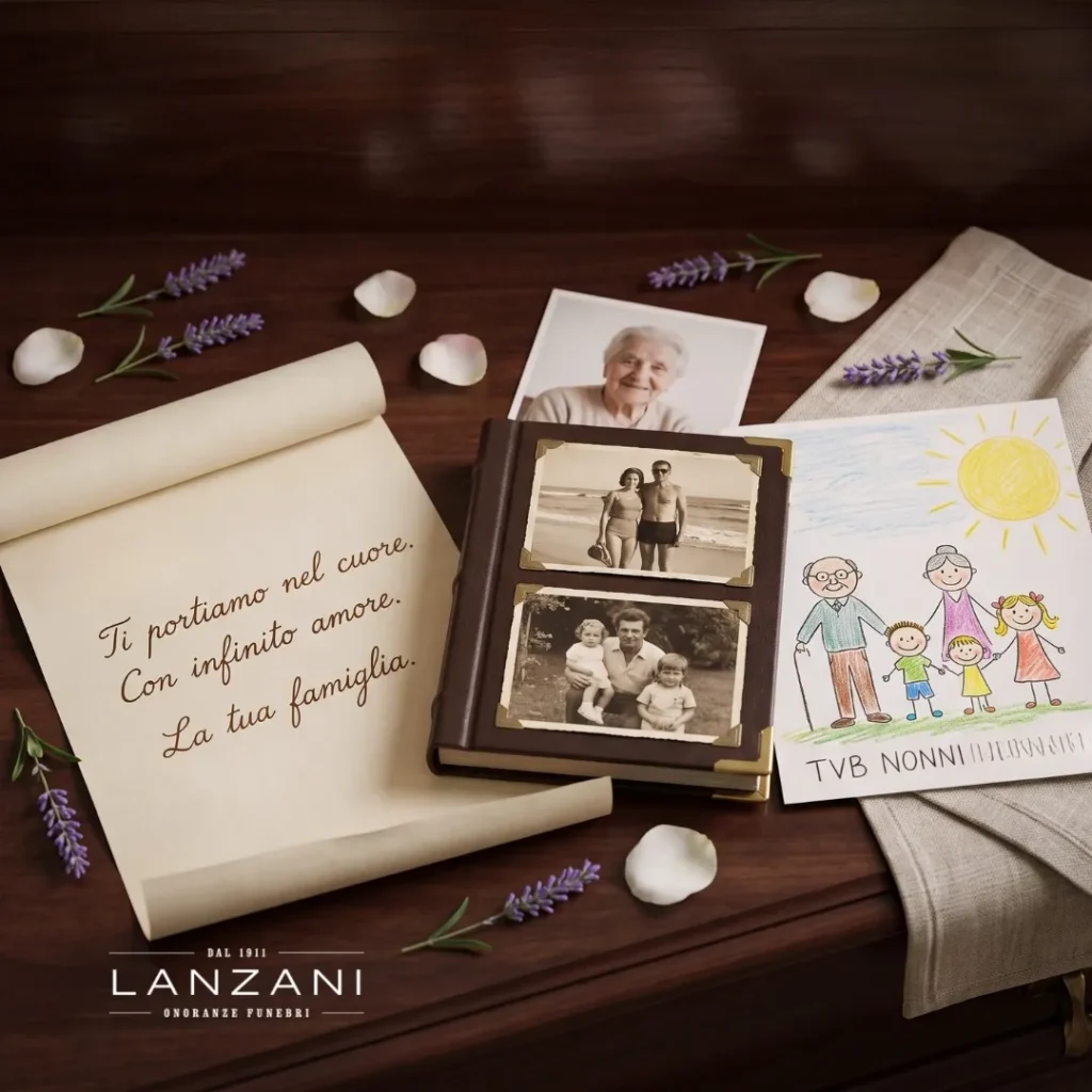 ONORANZE FUNEBRI LANZANI - Cosa mettere nella bara del proprio caro - A wooden coffin with a scroll, a photo album, family photos, and a child's drawing.