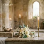 ONORANZE FUNEBRI LANZANI - Storia del funerale A wooden table with a floral bouquet, a lit candlestick, and an oil lamp in a stone room.