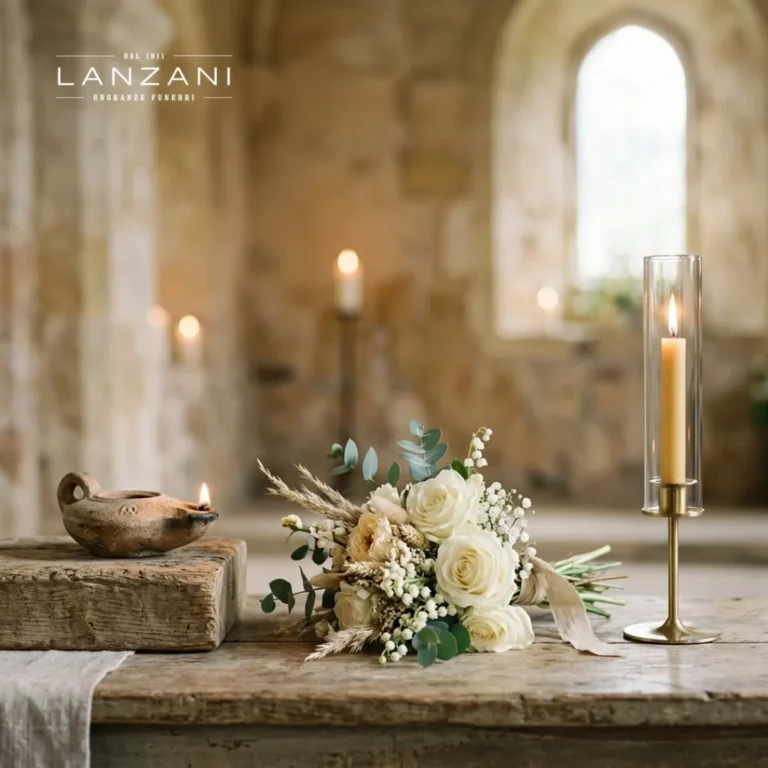 ONORANZE FUNEBRI LANZANI - Storia del funerale A wooden table with a floral bouquet, a lit candlestick, and an oil lamp in a stone room.